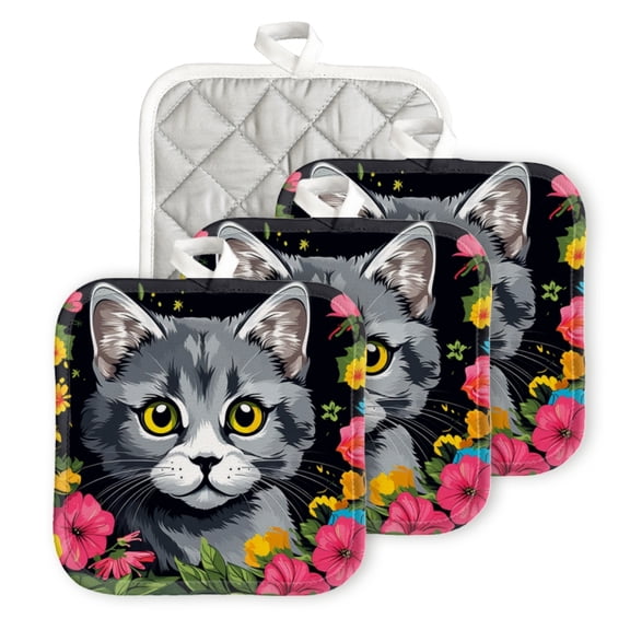 BaHomeck Pot Holder for Kitchen 4pcs,20cm×20cm Square Heat Resistant Funny Hotpads Non Slip Dirt-Proof Kitchen Cook Oven Potholders Machine Washable-Gray Cat With Yellow Eyes Surrounded By Flowers