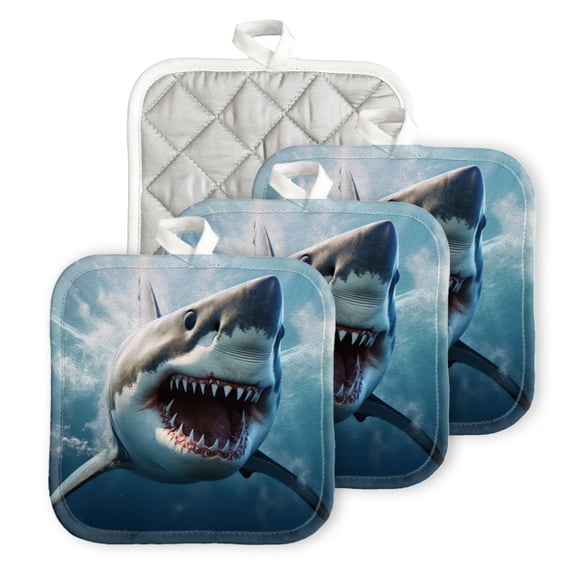 BaHomeck Pot Holder for Kitchen 4pcs,20cm×20cm Square Heat Resistant Funny Hotpads Non Slip Dirt-Proof Kitchen Cook Oven Potholders Machine Washable-Great White Shark Open Mouth With Sharp Teeth