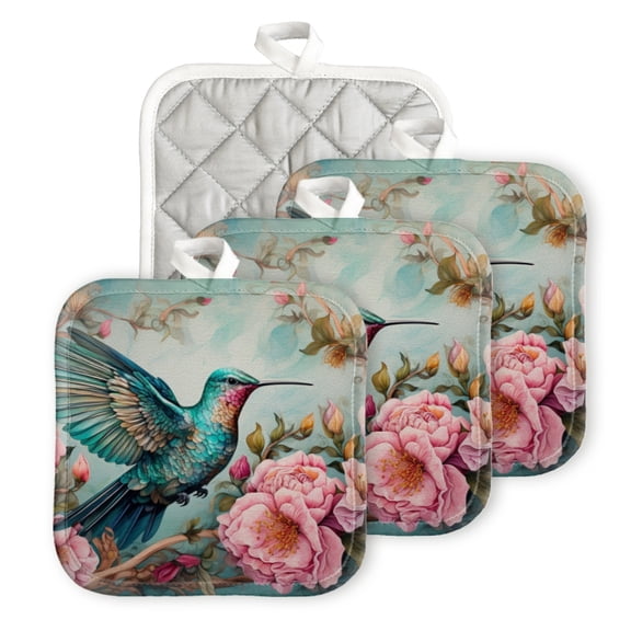 BaHomeck Pot Holder for Kitchen 4pcs,20cm×20cm Square Heat Resistant Funny Hotpads Non Slip Dirt-Proof Kitchen Cook Oven Potholders Machine Washable-Hummingbird Surrounded By Pink Peonies