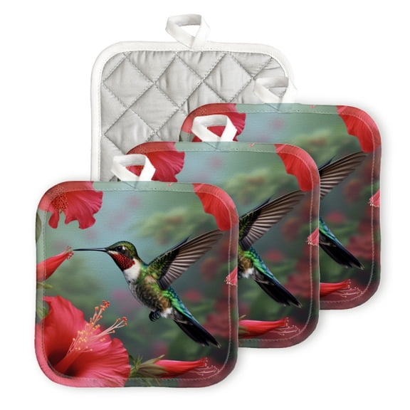 BaHomeck Pot Holder for Kitchen 4pcs,20cm×20cm Square Heat Resistant Funny Hotpads Non Slip Dirt-Proof Kitchen Cook Oven Potholders Machine Washable-Hummingbird Hovering Near