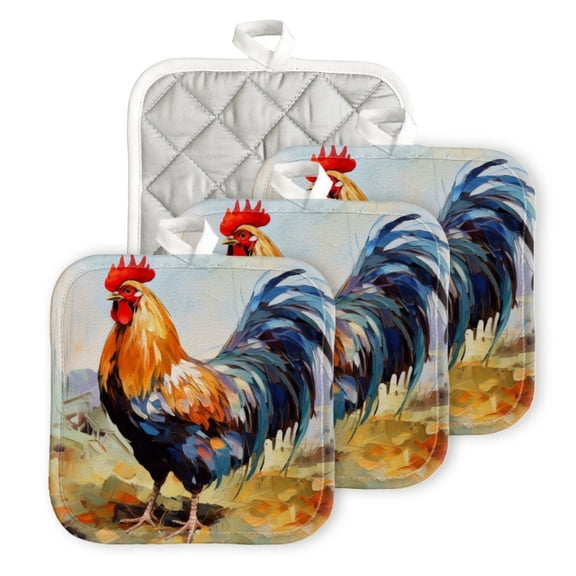 BaHomeck Pot Holder for Kitchen 4pcs,20cm×20cm Square Heat Resistant Funny Hotpads Non Slip Dirt-Proof Kitchen Cook Oven Potholders Machine Washable-Large Brightly Colored Rooster Was Standing