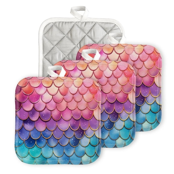 BaHomeck Pot Holder for Kitchen 4pcs,20cm×20cm Square Heat Resistant Funny Hotpads Non Slip Dirt-Proof Kitchen Cook Oven Potholders Machine Washable-Mermaid Scales With Pastel Rainbow Colors