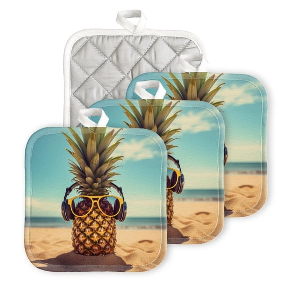 BaHomeck Pot Holder for Kitchen 4pcs,20cm×20cm Square Heat Resistant Funny Hotpads Non Slip Dirt-Proof Kitchen Cook Oven Potholders Machine Washable-Pineapple Wearing Sunglasses