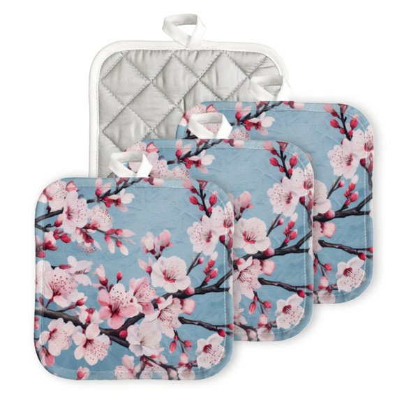 BaHomeck Pot Holder for Kitchen 4pcs,20cm×20cm Square Heat Resistant Funny Hotpads Non Slip Dirt-Proof Kitchen Cook Oven Potholders Machine Washable-Pink Cherry Blossoms On Blue Background