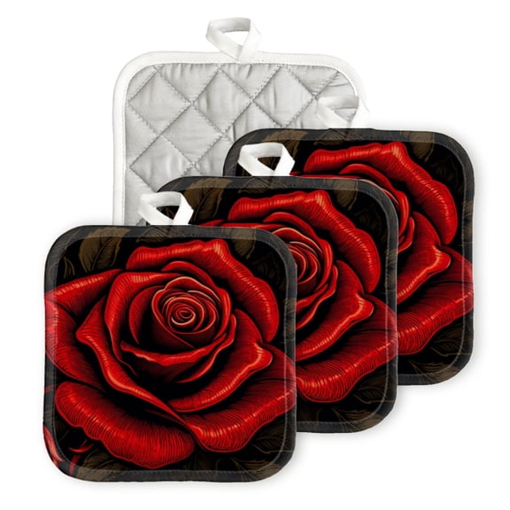 BaHomeck Pot Holder for Kitchen 4pcs,20cm×20cm Square Heat Resistant Funny Hotpads Non Slip Dirt-Proof Kitchen Cook Oven Potholders Machine Washable-Red Rose Vector Illustration With Black Background