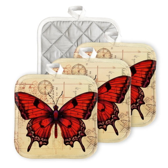 BaHomeck Pot Holder for Kitchen 4pcs,20cm×20cm Square Heat Resistant Funny Hotpads Non Slip Dirt-Proof Kitchen Cook Oven Potholders Machine Washable-Red Butterfly On Vintage Maps Background