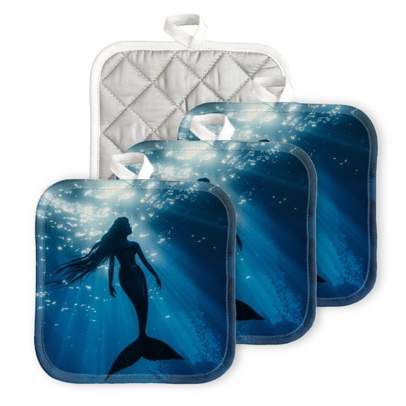 BaHomeck Pot Holder for Kitchen 4pcs,20cm×20cm Square Heat Resistant Funny Hotpads Non Slip Dirt-Proof Kitchen Cook Oven Potholders Machine Washable-Silhouette Of Mermaid In The Deep Blue Ocean