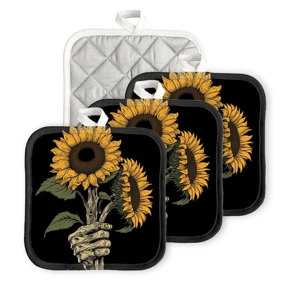 BaHomeck Pot Holder for Kitchen 4pcs,20cm×20cm Square Heat Resistant Funny Hotpads Non Slip Dirt-Proof Kitchen Cook Oven Potholders Machine Washable-Skeleton Hand Holding Sunflowers