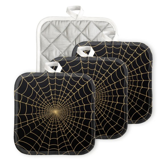 BaHomeck Pot Holder for Kitchen 4pcs,20cm×20cm Square Heat Resistant Funny Hotpads Non Slip Dirt-Proof Kitchen Cook Oven Potholders Machine Washable-Spider Web Made Of Golden Thread