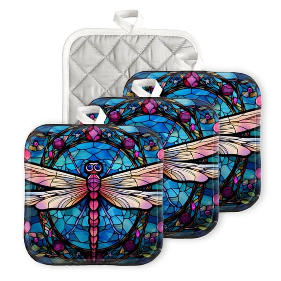 BaHomeck Pot Holder for Kitchen 4pcs,20cm×20cm Square Heat Resistant Funny Hotpads Non Slip Dirt-Proof Kitchen Cook Oven Potholders Machine Washable-Stained Glass Of Pink Dragonfly With Flowers