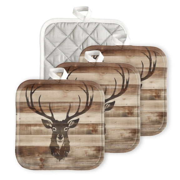 BaHomeck Pot Holder for Kitchen 4pcs,20cm×20cm Square Heat Resistant Funny Hotpads Non Slip Dirt-Proof Kitchen Cook Oven Potholders Machine Washable-Stenciled Deer Head With Antlers
