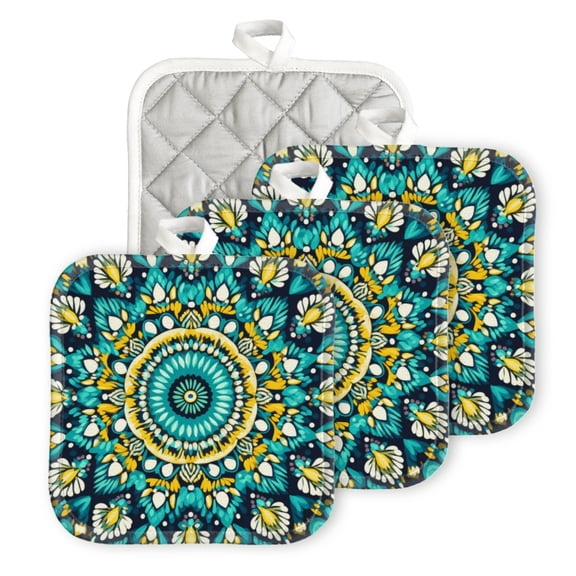 BaHomeck Pot Holder for Kitchen 4pcs,20cm×20cm Square Heat Resistant Funny Hotpads Non Slip Dirt-Proof Kitchen Cook Oven Potholders Machine Washable-Teal And Yellow Background With A Mandala