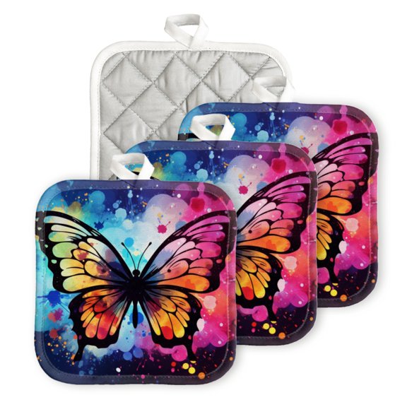 BaHomeck Pot Holder for Kitchen 4pcs,20cm×20cm Square Heat Resistant Funny Hotpads Non Slip Dirt-Proof Kitchen Cook Oven Potholders Machine Washable-Vector Art Of Colorful Butterfly