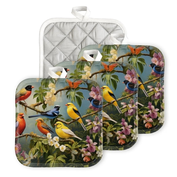 BaHomeck Pot Holder for Kitchen 4pcs,20cm×20cm Square Heat Resistant Funny Hotpads Non Slip Dirt-Proof Kitchen Cook Oven Potholders Machine Washable-Vibrant Painting Of Various Birds Perched