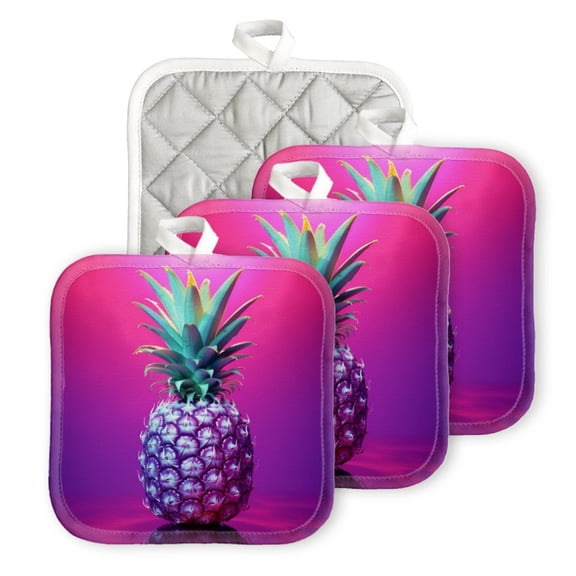 BaHomeck Pot Holder for Kitchen 4pcs,20cm×20cm Square Heat Resistant Funny Hotpads Non Slip Dirt-Proof Kitchen Cook Oven Potholders Machine Washable-Vibrant Pineapple With Neon Purple Background