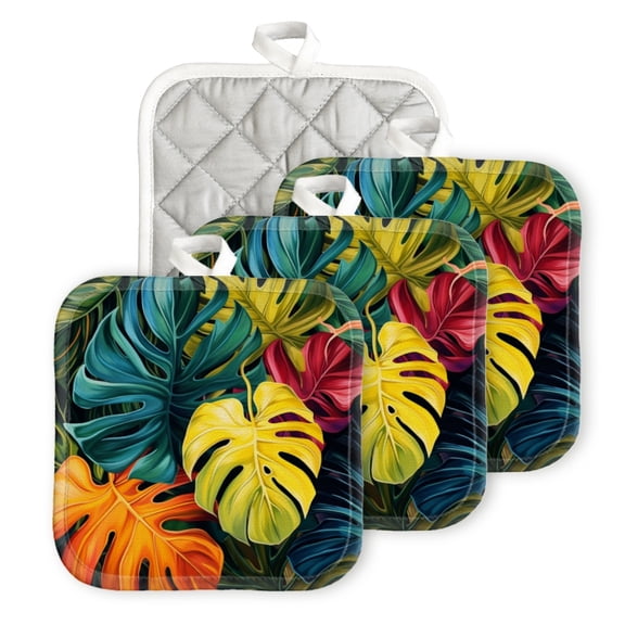 BaHomeck Pot Holder for Kitchen 4pcs,20cm×20cm Square Heat Resistant Funny Hotpads Non Slip Dirt-Proof Kitchen Cook Oven Potholders Machine Washable-Vibrant Painting Of Tropical Leaves