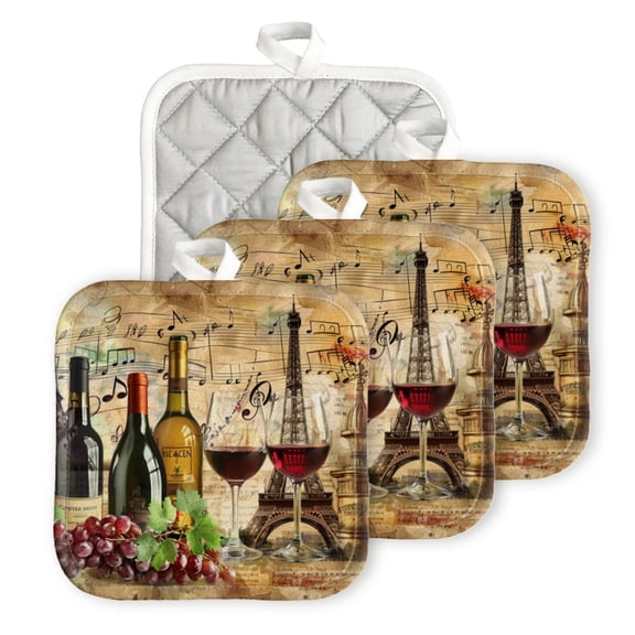 BaHomeck Pot Holder for Kitchen 4pcs,20cm×20cm Square Heat Resistant Funny Hotpads Non Slip Dirt-Proof Kitchen Cook Oven Potholders Machine Washable-Vintage Musical Notes And Wine Bottles