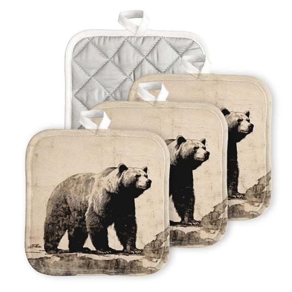 BaHomeck Pot Holder for Kitchen 4pcs,20cm×20cm Square Heat Resistant Funny Hotpads Non Slip Dirt-Proof Kitchen Cook Oven Potholders Machine Washable-Vintage Drawing Of Old Grizzly Bear