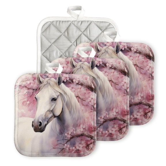 BaHomeck Pot Holder for Kitchen 4pcs,20cm×20cm Square Heat Resistant Funny Hotpads Non Slip Dirt-Proof Kitchen Cook Oven Potholders Machine Washable-White Horse Under Cherry Blossom Tree