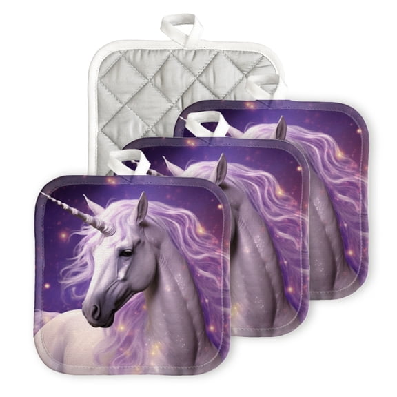 BaHomeck Pot Holder for Kitchen 4pcs,20cm×20cm Square Heat Resistant Funny Hotpads Non Slip Dirt-Proof Kitchen Cook Oven Potholders Machine Washable-White Unicorn With Purple Mane Against