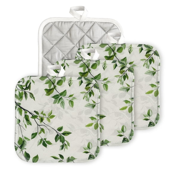 BaHomeck Pot Holder for Kitchen 4pcs,20cm×20cm Square Heat Resistant Funny Hotpads Non Slip Dirt-Proof Kitchen Cook Oven Potholders Machine Washable-White Wall With Green Leaves
