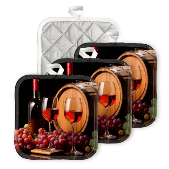 BaHomeck Pot Holder for Kitchen 4pcs,20cm×20cm Square Heat Resistant Funny Hotpads Non Slip Dirt-Proof Kitchen Cook Oven Potholders Machine Washable-Wine Bottles And Grapes On Black Background