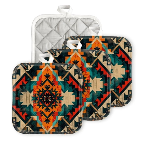 BaHomeck Pot Holders 4pcs dacron Made Square heat-resisting mat Machine Washable for Kitchen Oven Hot Pads 6.7inch*6.7inch,Aztec Pattern Design With Boho Style Vintage Colors