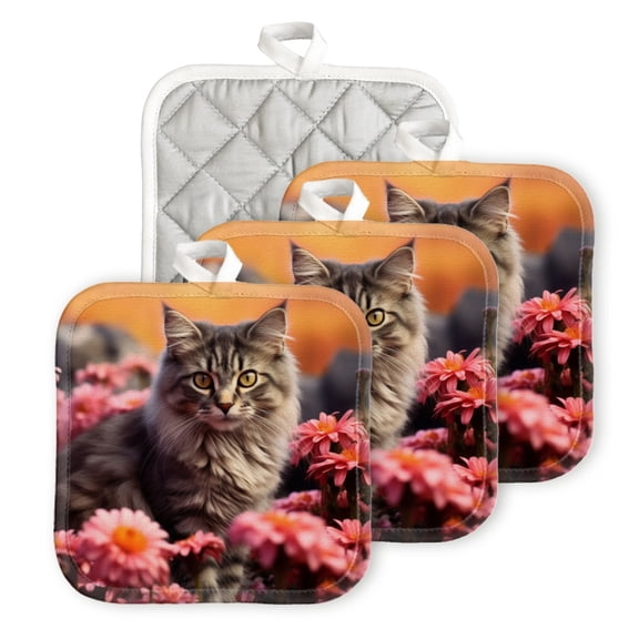 BaHomeck Pot Holders 4pcs dacron Made Square heat-resisting mat Machine Washable for Kitchen Oven Hot Pads 6.7inch*6.7inch,Beautiful Fluffy Cat Sitting In The Pink Flowers