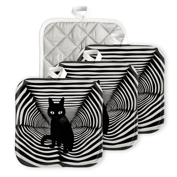 BaHomeck Pot Holders 4pcs dacron Made Square heat-resisting mat Machine Washable for Kitchen Oven Hot Pads 6.7inch*6.7inch,Black And White Optical Illusion Of Cat Inside Infinite Tunnel