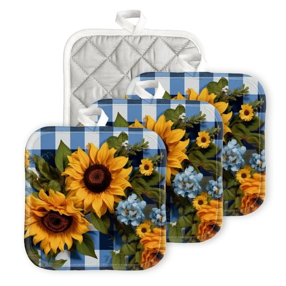 BaHomeck Pot Holders 4pcs dacron Made Square heat-resisting mat Machine Washable for Kitchen Oven Hot Pads 6.7inch*6.7inch,Blue And White Gingham Background With Sunflowers