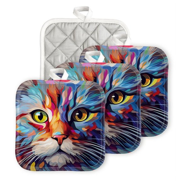 BaHomeck Pot Holders 4pcs dacron Made Square heat-resisting mat Machine Washable for Kitchen Oven Hot Pads 6.7inch*6.7inch,Colorful Cat Face With Large Eyes And Long Fur