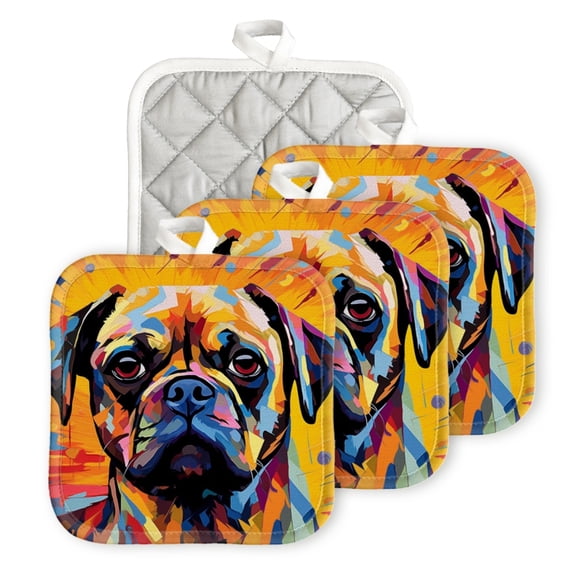 BaHomeck Pot Holders 4pcs dacron Made Square heat-resisting mat Machine Washable for Kitchen Oven Hot Pads 6.7inch*6.7inch,Colorful Pug Portrait In The Style Of Pop Art