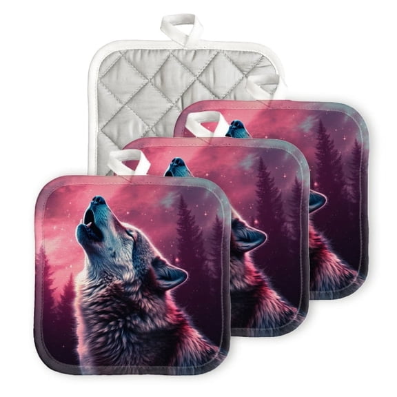 BaHomeck Pot Holders 4pcs dacron Made Square heat-resisting mat Machine Washable for Kitchen Oven Hot Pads 6.7inch*6.7inch,Colorful Wolf Howling In The Night Sky