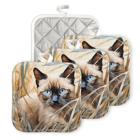 BaHomeck Pot Holders 4pcs dacron Made Square heat-resisting mat Machine Washable for Kitchen Oven Hot Pads 6.7inch*6.7inch,Elegant Siamese Cat With Blue Eyes Hiding In Tall Grasses