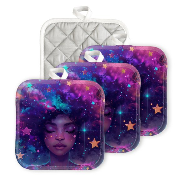 BaHomeck Pot Holders 4pcs dacron Made Square heat-resisting mat Machine Washable for Kitchen Oven Hot Pads 6.7inch*6.7inch,Enchanting Illustration Of The Goddess Representing Black Women