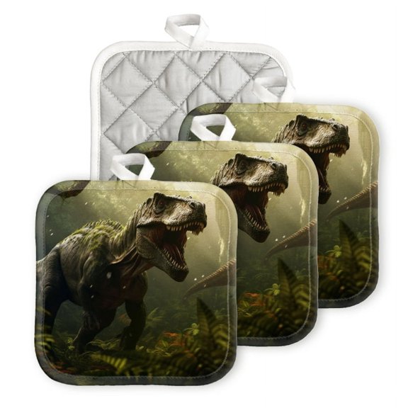 BaHomeck Pot Holders 4pcs dacron Made Square heat-resisting mat Machine Washable for Kitchen Oven Hot Pads 6.7inch*6.7inch,Fierce Tyrannosaurus Rex Roaring In The Lush