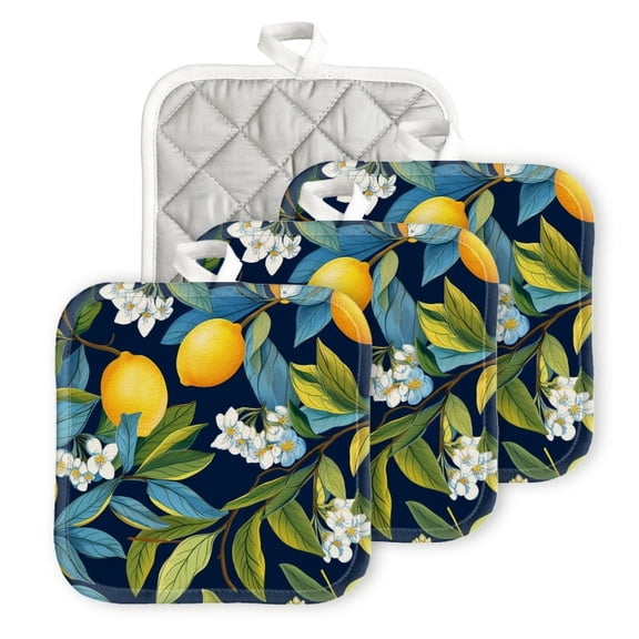BaHomeck Pot Holders 4pcs dacron Made Square heat-resisting mat Machine Washable for Kitchen Oven Hot Pads 6.7inch*6.7inch,Hand-Drawn Illustration Of Lemons And Lemon Tree Branches