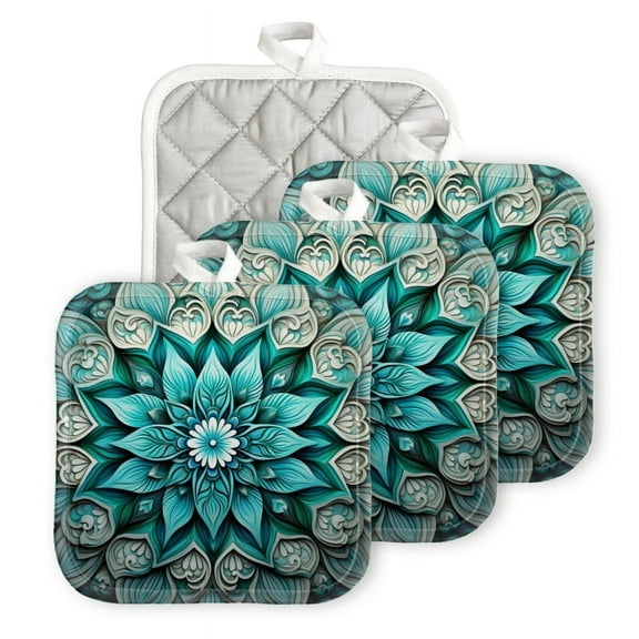 BaHomeck Pot Holders 4pcs dacron Made Square heat-resisting mat Machine Washable for Kitchen Oven Hot Pads 6.7inch*6.7inch,Teal Mandala With Intricate Patterns
