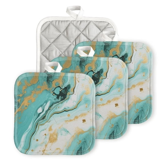 BaHomeck Pot Holders 4pcs dacron Made Square heat-resisting mat Machine Washable for Kitchen Oven Hot Pads 6.7inch*6.7inch,Turquoise And White Marble With Gold Accents