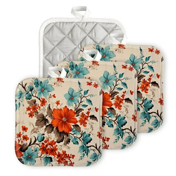 BaHomeck Pot Holders 4pcs dacron Made Square heat-resisting mat Machine Washable for Kitchen Oven Hot Pads 6.7inch*6.7inch,Vintage Floral Pattern With Turquoise And Orange Flowers