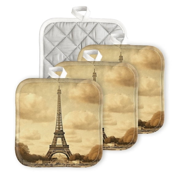 BaHomeck Pot Holders 4pcs dacron Made Square heat-resisting mat Machine Washable for Kitchen Oven Hot Pads 6.7inch*6.7inch,Vintage-Style Featuring The Eiffel Tower In Paris