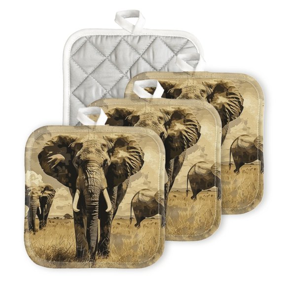 BaHomeck Pot Holders 4pcs dacron Made Square heat-resisting mat Machine Washable for Kitchen Oven Hot Pads 6.7inch*6.7inch,Vintage-Style Painting Of Elephants In The Savannah