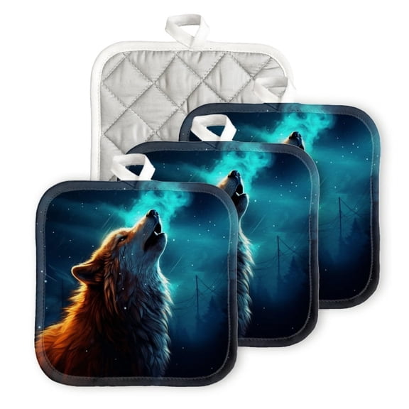 BaHomeck Pot Holders 4pcs dacron Made Square heat-resisting mat Machine Washable for Kitchen Oven Hot Pads 6.7inch*6.7inch,Wolf Howling At The Moon In Enchanted Forest