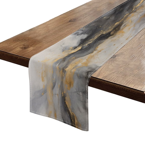BaHomeck Table Runner 13*72 In,Set Of 1 Abstract Black And Gold Marble Background With Fluid Lines High Density Cotton Linens Machine Washable Table Runner For Kitchen Dining Table Coffee Table Decor