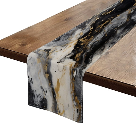 BaHomeck Table Runner 13*72 In,Set Of 1 Abstract Black And White Marble Texture With Gold Accents High Density Cotton Linens Machine Washable Table Runner For Kitchen Dining Table Coffee Table Decor