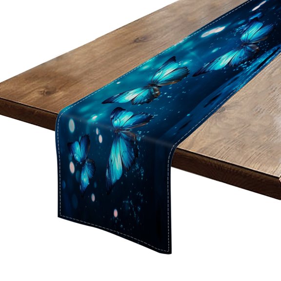 BaHomeck Table Runner 13*72 In,Set Of 1 Beautiful Blue Butterflies Flying In The Night Sky High Density Cotton Linens Machine Washable Table Runner For Kitchen Dining Table Coffee Table Decor