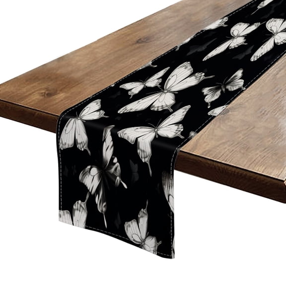 BaHomeck Table Runner 13*72 In,Set Of 1 Black And White Butterflies On Black Background High Density Cotton Linens Machine Washable Table Runner For Kitchen Dining Table Coffee Table Decor