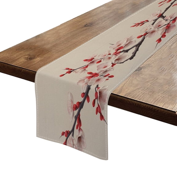 BaHomeck Table Runner 13*72 In,Set Of 1 Blooming Plum Blossom Branch With Red And White Flowers High Density Cotton Linens Machine Washable Table Runner For Kitchen Dining Table Coffee Table Decor
