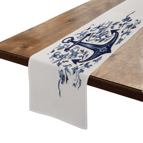 BaHomeck Table Runner 13*72 In,Set Of 1 Blue Anchor With Floral Designs Surrounding It High Density Cotton Linens Machine Washable Table Runner For Kitchen Dining Table Coffee Table Decor
