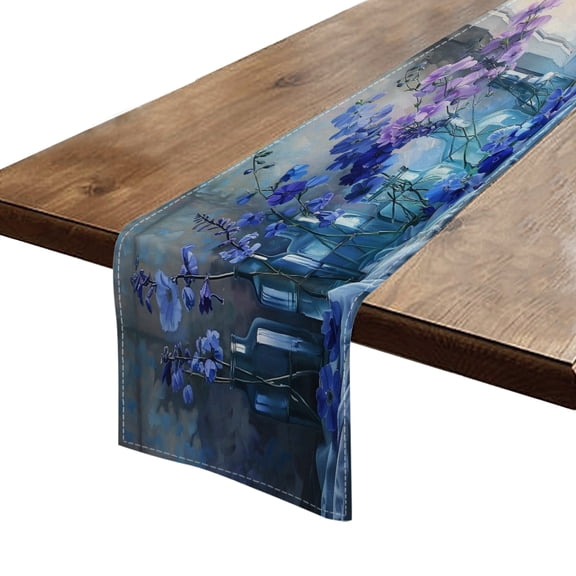 BaHomeck Table Runner 13*72 In,Set Of 1 Blue Delphiniums And Violet Sweet Peas In Glass Vases High Density Cotton Linens Machine Washable Table Runner For Kitchen Dining Table Coffee Table Decor